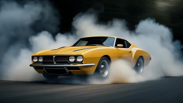 Yellow Classic Car Drifting on Pavement with Smoke.
