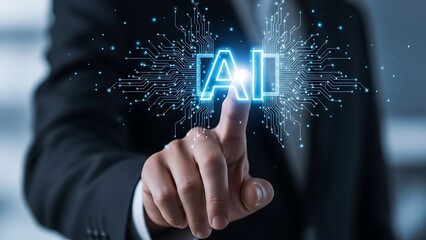 Innovative Artificial Intelligence Concept with Businessman Pointing at Glowing AI Symbol Representing Advanced Technology and Future Innovations for Business Solutions and Data Analysis