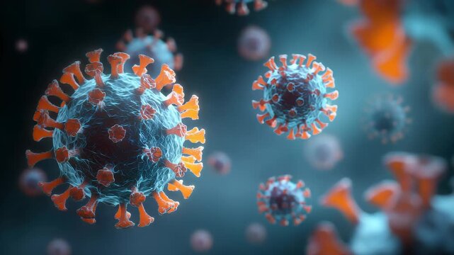 close up of a red and blue virus with red blood cells surrounding it. The red blood cells are scattered throughout the image, with some closer to the virus and others further away