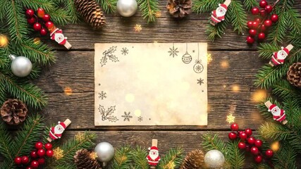 A rustic wooden table is decorated with a Christmas wreath, ornaments, pinecones, and a blank parchment for a festive message. - Powered by Adobe