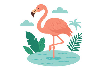Pink flamingo standing in tropical pond with lush green foliage and blue sky