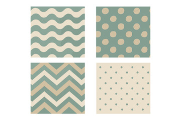 Seamless geometric patterns set with waves, polka dots, and chevron stripes in pastel colors
