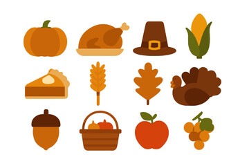 Traditional Thanksgiving and autumn harvest symbols: turkey, pumpkin, pie, pilgrim hat