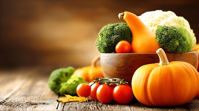potato. Fresh autumn vegetables arranged in a wooden bowl, showcasing vibrant colors with an earthy backdrop. representing seasonal cycles and harvest abundance.