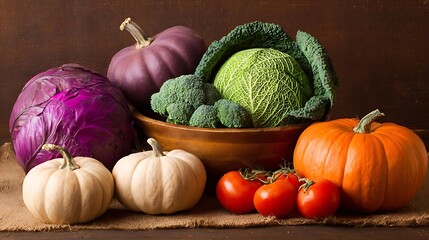 potato. Fresh autumn vegetables arranged in a wooden bowl, showcasing vibrant colors with an earthy backdrop. representing seasonal cycles and harvest abundance.