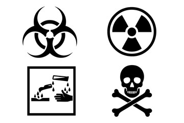 Four black hazard warning symbols: biohazard, radioactive, corrosive, and toxic danger