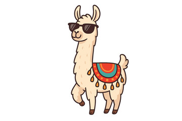Obraz premium Cute cartoon llama wearing dark sunglasses and a vibrant patterned saddle blanket