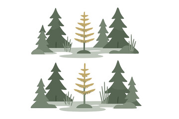 Abstract forest landscape pattern featuring dark green fir trees and a unique textured golden centerpiece tree