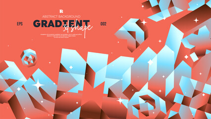 Realistic 3D vector shapes with gradient colors, Gradient brutal contemporary figure, flying abstract postmodern geometric volumetric different shapes in motion, red background