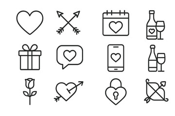 Outline symbols representing love, romance, and dating, featuring hearts, arrows, and gifts