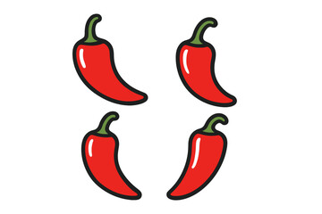 Four vibrant red chili peppers with green stems arranged symmetrically