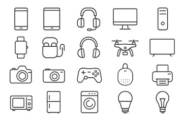 Minimalist line icons set of modern electronic devices, smart home appliances, and consumer technology gadgets