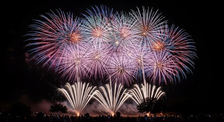 Spectacular fireworks display explodes in the night sky, illuminating the darkness with vibrant colors.