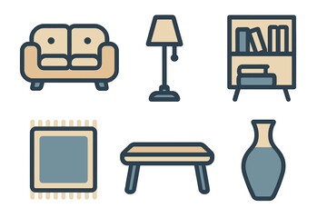 Modern living room furniture and home decor icons set featuring sofa lamp bookshelf table rug and vase