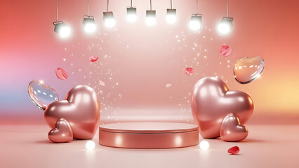 Elegant pink heart podium display for Valentine's Day celebrations, adorned with rose petals and ambient lighting