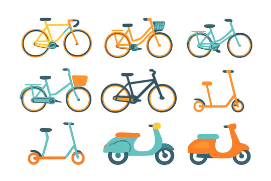 Set of various bicycles scooters and mopeds used for urban commuting