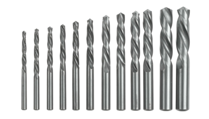 Graduated drill bits in a row, increasing size, metallic finish