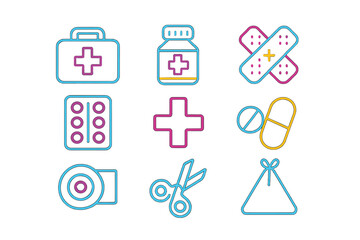 Neon line art set of essential medical supplies and emergency first aid icons