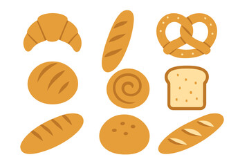Assortment of bakery items: croissant, baguette, pretzel, toast, and bread rolls