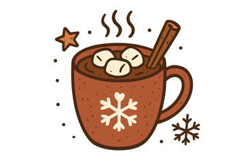 Cozy hot chocolate mug with marshmallows, cinnamon stick, and snowflake design for winter holidays