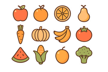 Cute stylized fruit and vegetable icons for healthy eating and nutrition concepts