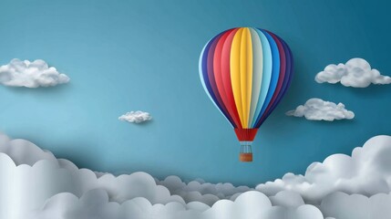 Obraz premium A vibrant hot air balloon with multicolored stripes floats in a blue sky with fluffy clouds. An inspiring scene of freedom and travel.