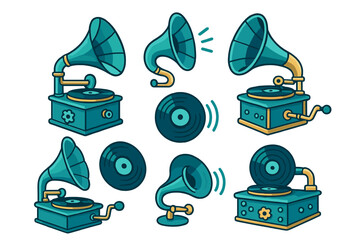 Stylized vintage gramophone and vinyl records in teal and yellow color scheme