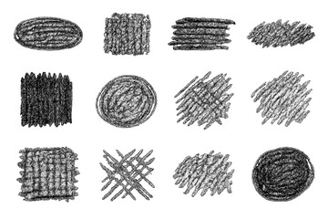 Naklejka premium Hand drawn charcoal pencil scribble textures and hatching shapes isolated on white