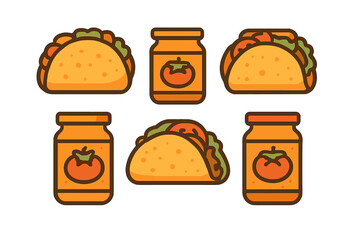 Colorful seamless pattern featuring delicious Mexican tacos and jars of tomato salsa sauce on a neutral background
