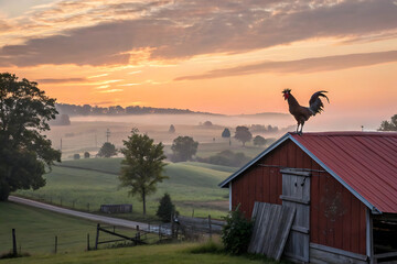 Farm sunset over a barn in the mountains, using warm and golden colors