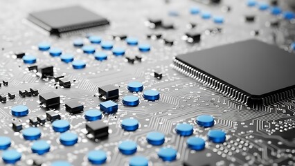 Modern Circuit Board Close up with Microchips and Capacitors for Technology and Innovation High Tech Solutions