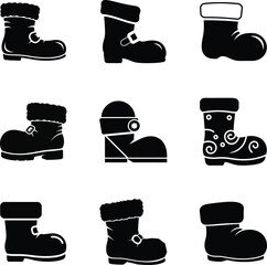 Boot Christmas icon set with fur and buckle detail, simple black silhouette