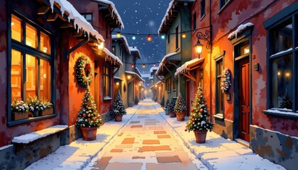 Obraz premium Snowy street with christmas tree snowy street features festive christmas tree glowing warmly amidst winter landscape