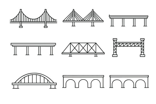 Variety of architectural bridge designs including suspension, truss, and arch structures