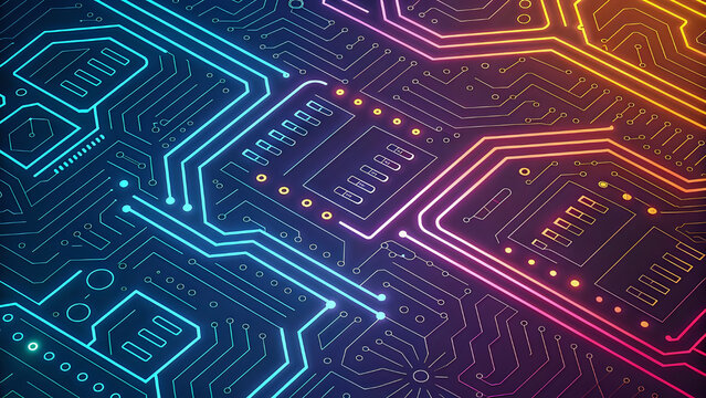 Modern circuit board pattern, futuristic neon glow, seamless - Powered by Adobe