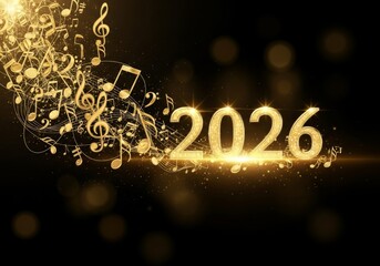 Golden musical notes and the year 2026 representing a New Year's music event against a black bokeh background.