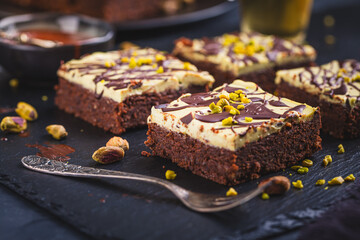 Gluten free and sugar free brownies with pistachio icing, Dubai style chocolate cake