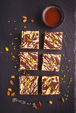 Gluten free and sugar free brownies with pistachio icing, Dubai style chocolate cake