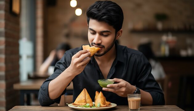 Young man enjoying delicious samosas with chutney and masala chai at a cozy cafe, savoring the authentic Indian flavors in a casual setting