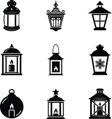Lantern Christmas candle light icon set with snowflake
