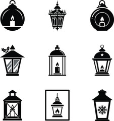Lantern Christmas icon set with candle and holly decoration