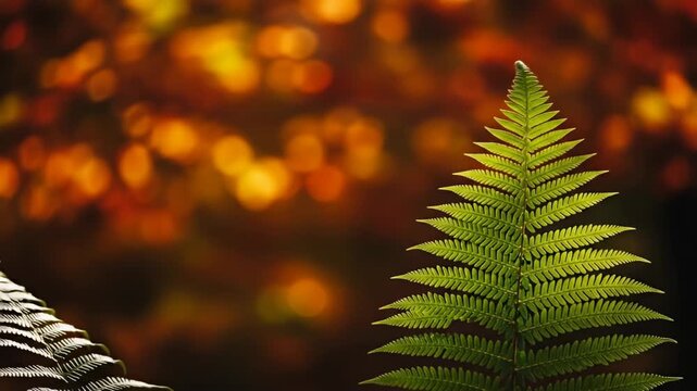 Close-up of a vibrant green fern against a blurred background of warm autumn colors.