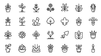 Set of minimalist plant icons simple line vector design elements for gardening isolated on white background