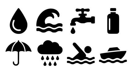 Set of water related icons simple glyph vector design elements isolated on white background