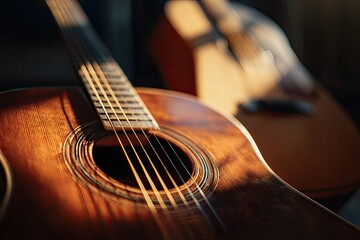Obraz premium Close-up shot of acoustic guitar, focus on strings and soundhole, another guitar blurred