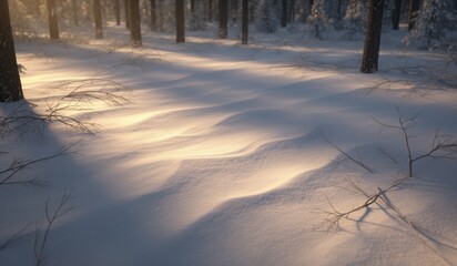 Tranquil snowfall creates soft patterns in a serene winter forest at sunset