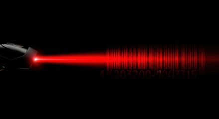 A barcode scanner illuminates a barcode with a bright red laser beam against a dark background creating a futuristic high tech feel