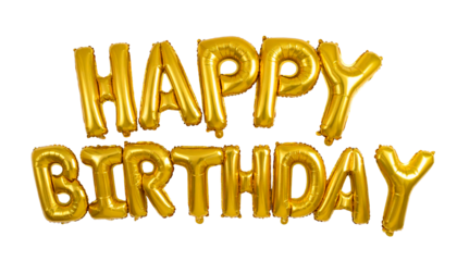 Happy Birthday golden balloons isolated on a transparent background.