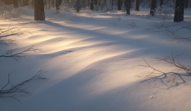 Snow-covered landscape with gentle shadows in a serene winter forest at sunset - Powered by Adobe
