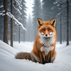 Obraz premium Red fox sitting calmly in snowy winter forest